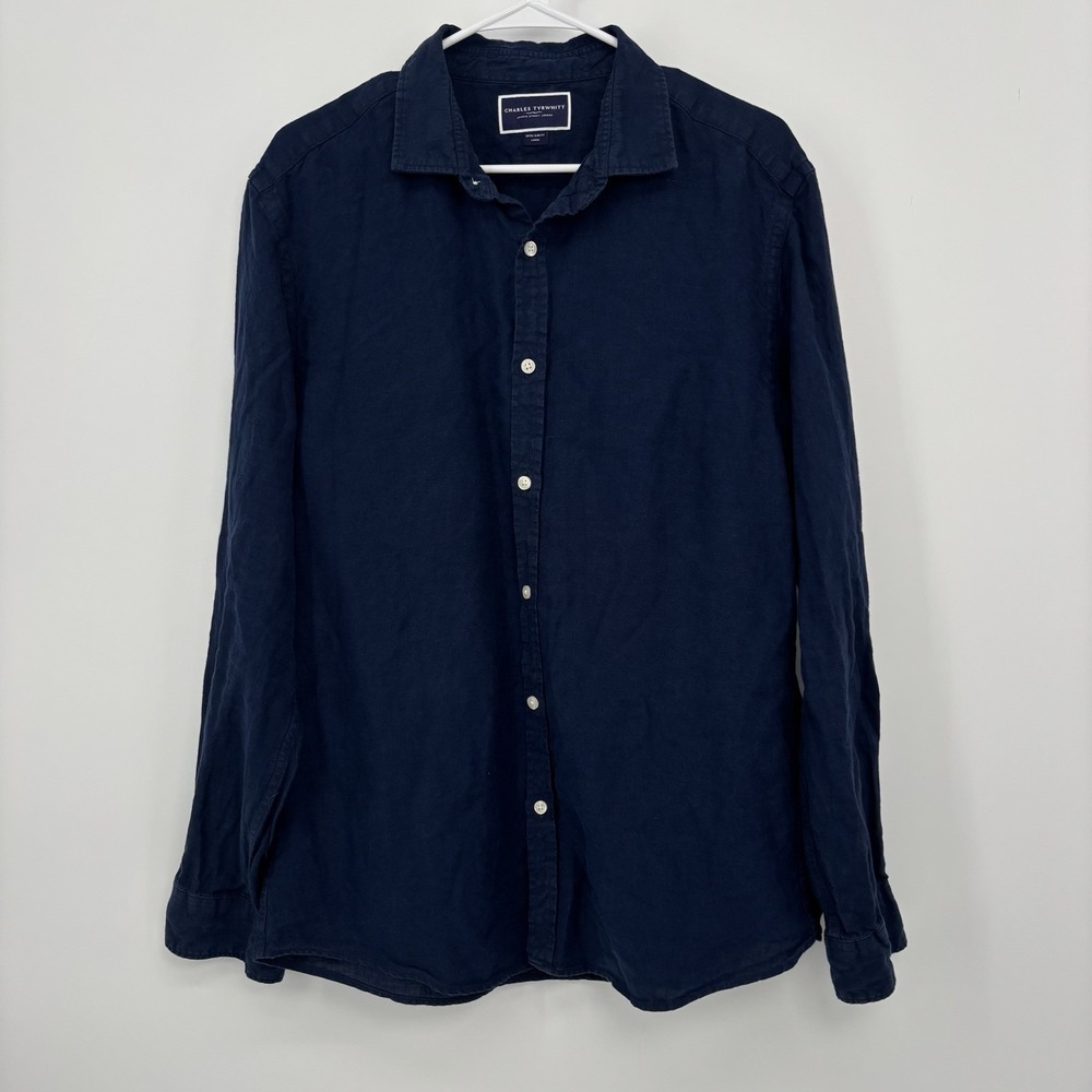 Charles Tyrwhitt Men's Large Navy 100% Linen Shirt Extra Slim Fit Long Sleeve
